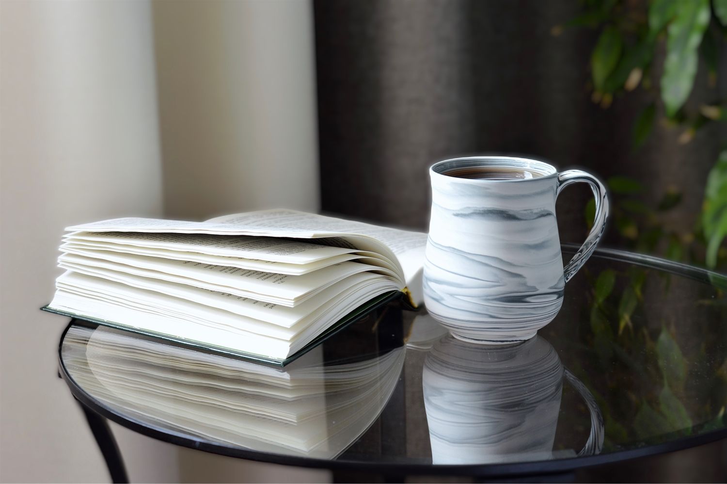 Desk flatlay notebook pressed leaves ceramic mug stationery